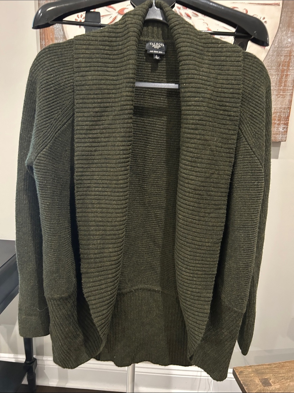 Talbots Women’s Olive Ribbed Open-Front Shawl Collar Cardigan Size Large Petite